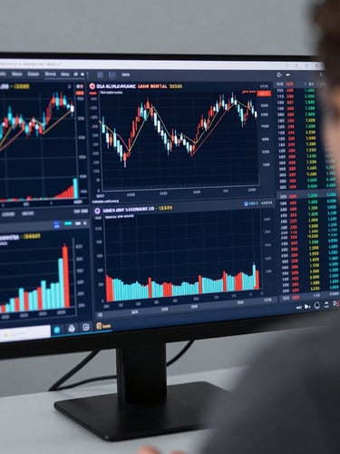 Macro over-the-shoulder shot of a professional trader's monitor displaying complex candlestick charts, delta-neutral options chains, and real-time mathematical models, cool crisp studio lighting, slate and navy tones, 35mm lens.