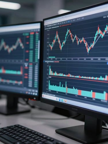 Close-up macro shot of multi-monitor trading desk showing technical charts, cool crisp studio lighting, deep navy and slate tones, sharp focus, 35mm lens