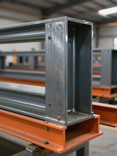 Close-up of thick steel upright frames and load-bearing orange beams bolted together in a modern warehouse facility