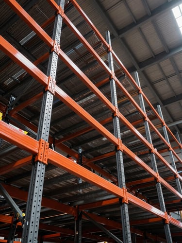 Low-angle perspective of towering structural steel warehouse racking, safety orange beams, heavy-gauge charcoal uprights, high-contrast industrial lighting, massive scale