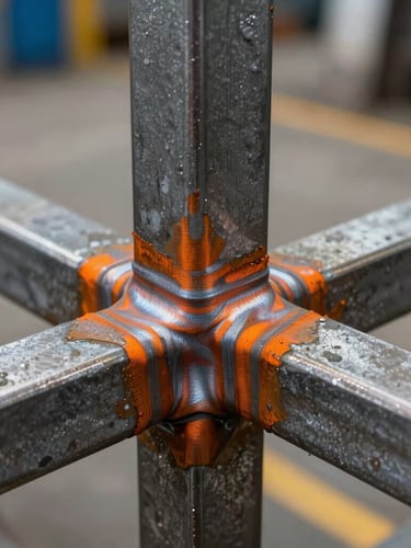 Macro close-up shot of a heavy-duty steel rack weld joint, safety orange powder coating, thick steel gauge, industrial warehouse background.