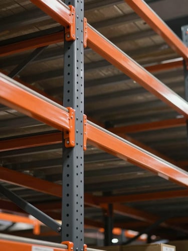 Low-angle shot of a heavy-duty powder-coated steel supermarket gondola rack, charcoal grey uprights with bright safety orange shelf brackets