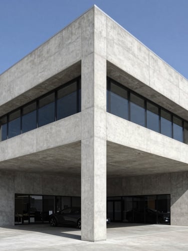 Symmetrical low-angle architectural exterior of a modern concrete auto dealership, crisp natural daylight, sharp structural details, 35mm