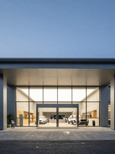 Symmetrical straight-on architectural exterior of a newly completed modern auto dealership pavilion under high-contrast twilight