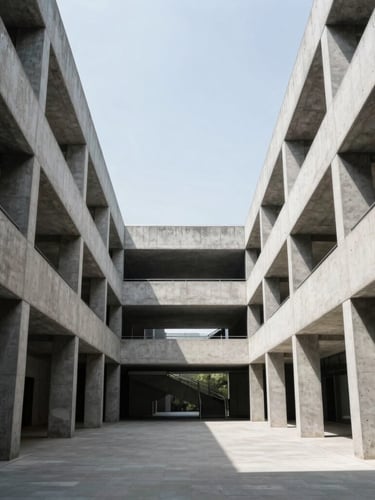 Symmetrical straight-on architectural photography of a modern concrete and steel structure, dramatic natural daylight, clean high-contrast tones