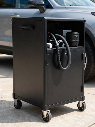 Close-up, low-angle shot of a self-contained mobile detailing rig, showing its compact, professional setup with hoses and equipment neatly stowed, parked in a driveway, with a clean SUV partially visible in the background, bright daylight, sharp focus.
