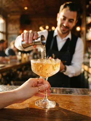 Elegant close-up of a signature gold-flecked cocktail with condensation, a stylish bartender in clean attire pouring in the background, warm golden-hour light, crisp reflections on glassware, shallow depth of field