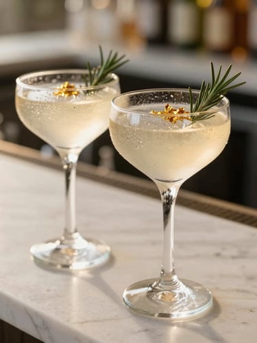 A close-up of two elegant wedding cocktails with condensation, garnished with fresh rosemary and edible gold flakes, resting on a clean white marble bar top, warm golden-hour light, shallow depth of field.