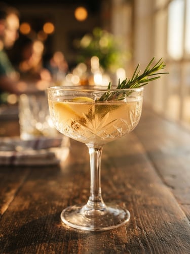 Close up of a crystal coupe glass with a rosemary-infused gin cocktail, warm golden-hour light catching the condensation and a fresh sprig garnish, shallow depth of field, 35mm