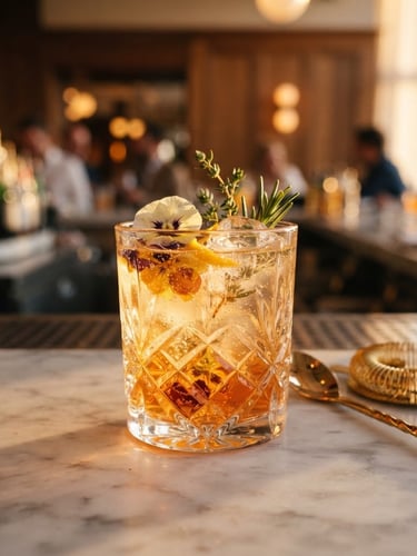 Elegant close-up of a crystal glass cocktail with fresh-pressed botanicals, warm golden-hour light reflecting on gold barware, shallow depth of field, 35mm