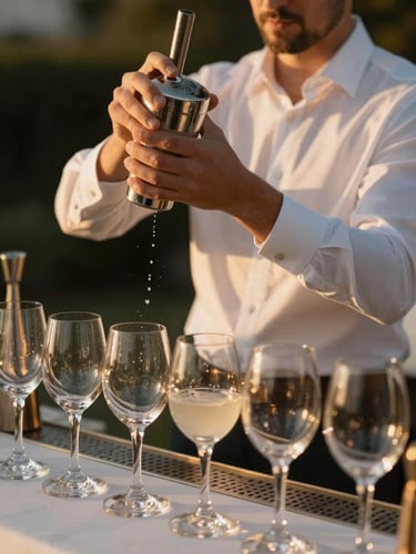 A professional bartender in a clean white shirt shaking a cocktail, warm golden-hour light, soft reflections on glassware, elegant outdoor wedding venue, 35mm
