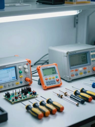 A clean, organized laboratory-style electronics repair workbench in Oakland Park, calibrated testing gear, neat rows of screwdrivers, bright cool-toned overhead light, 35mm