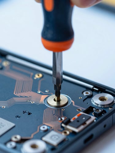 Extreme macro close-up of a precision screwdriver working on an open smartphone chassis, bright cool overhead workbench lighting, visible copper circuits and metallic components, sharp focus, 35mm