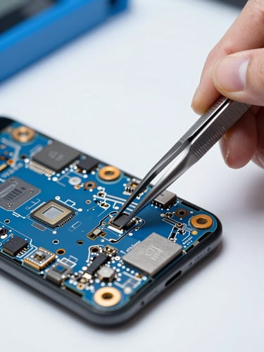 Extreme close-up macro photography of a technician using precision micro-tweezers on an open iPhone motherboard, bright overhead workbench light, high-contrast blue accents, sharp focus, 35mm