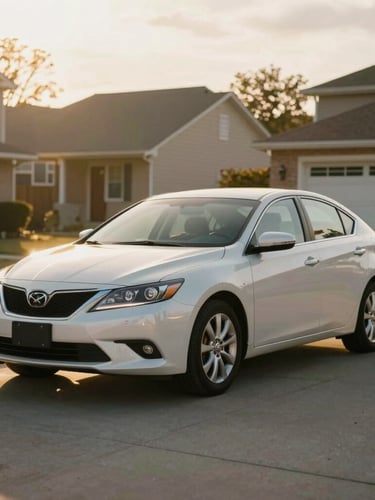 Eye-level medium shot of a clean family sedan parked in a modest suburban driveway, bathed in warm golden late-afternoon sun, soft shadows.