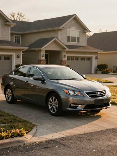Eye-level medium shot of a neat suburban driveway with a family sedan parked, warm late-afternoon sun casting long soft shadows, cozy domestic atmosphere