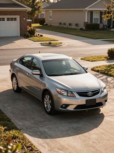 Eye-level medium shot of a modest family sedan parked in a clean suburban driveway, warm late-afternoon sunlight casting long shadows on the concrete.