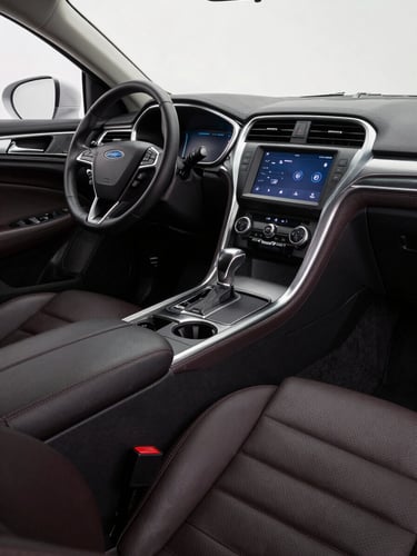 Extreme close-up interior of a white Ford Fusion Hybrid Titanium — immaculate dark leather seats, dashboard display glowing softly, center console in sharp focus, cool studio lighting revealing the quality of materials, no passengers, no driver visible, geometric and precise framing