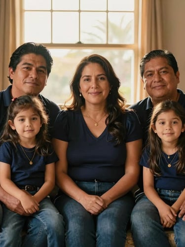 Warm editorial portrait of a Mexican family sitting together in their living room, soft golden hour sunlight filtering through the window, shallow depth of field, 35mm