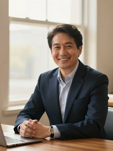 Warm editorial portrait of a professional wealth advisor in a sunlit office, sitting across a wooden table, smiling warmly, soft natural window light, shallow depth of field