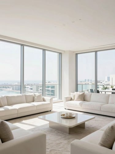 Wide architectural shot of a pristine, sunlit penthouse living room in Dubai, floor-to-ceiling windows, minimal luxury furniture, bright natural daylight, 35mm.