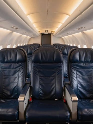 Impeccable empty business class cabin with deep navy leather seats, warm ambient lighting, and soft golden hour light coming through the window, clean and symmetric composition
