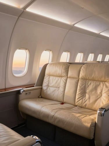 A pristine and empty first class cabin suite at sunset, warm golden hour light pouring through the windows, highlighting soft leather and polished wood textures, ultra-premium and spacious.