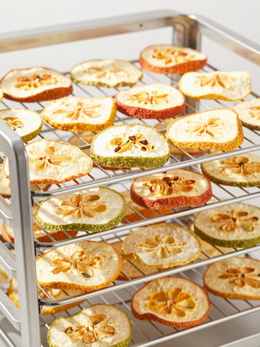Clean stainless steel electric tray dehydrator racks with trays of uniformly dried fruit slices, bright diffused industrial lighting