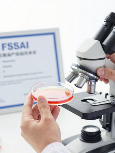 Close-up of a scientist in a clean lab coat examining a petri dish with a microscope, FSSAI certificate visible in the background, sterile environment, bright diffused studio light