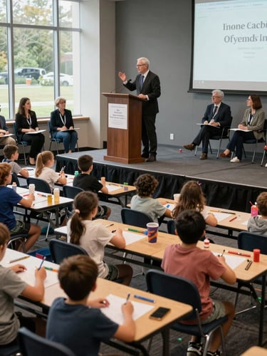 Wide shot of an MC standing at a podium on a competition stage introducing a children's drawing contest, rows of young participants at tables with art supplies, natural daylight from windows, judges seated to the side