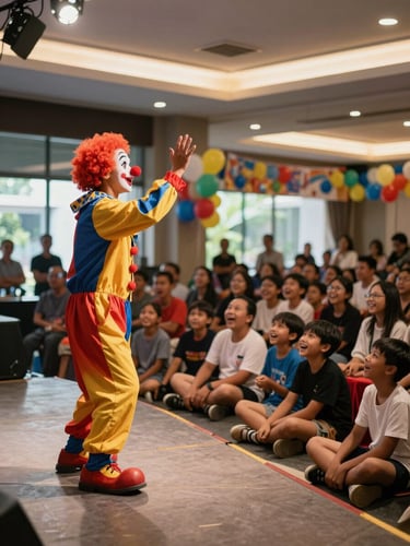 Wide environmental shot from stage-left angle — clown performer in full costume mid-act at an indoor birthday venue in Yogyakarta, arms raised toward a crowd of seated children who are laughing and leaning forward, colourful balloons and banners in background, natural daylight streaming through side windows, warm ambient venue light