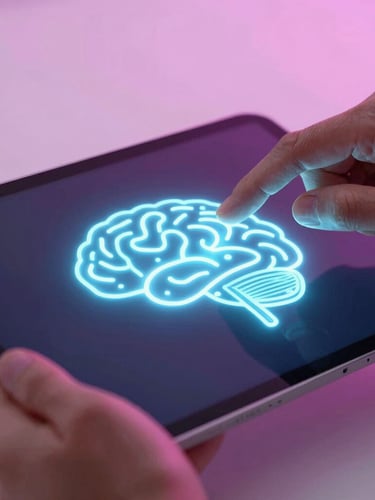 Macro high-resolution shot of hands interacting with an Android tablet, displaying interconnected glowing neon cognitive nodes, cool studio lighting with soft magenta backlights, 50mm.