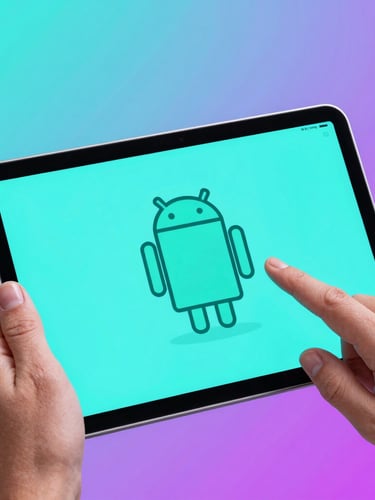 Macro overhead shot of hands interacting with an Android tablet running a vibrant vector drawing application, cool neon cyan and magenta studio backlighting