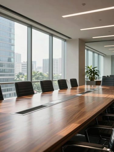 Wide environmental shot of a modern Indian corporate boardroom in Mumbai, bright natural daylight streaming through glass windows, polished wooden table, empty chairs, architectural focus on structured lines.