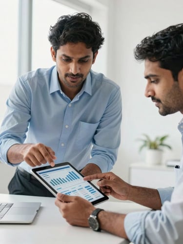 Bright, high-key natural daylight, professional business owners in a modern Indian office collaborating over digital financial dashboards on a tablet, clean white backgrounds, focus and security.