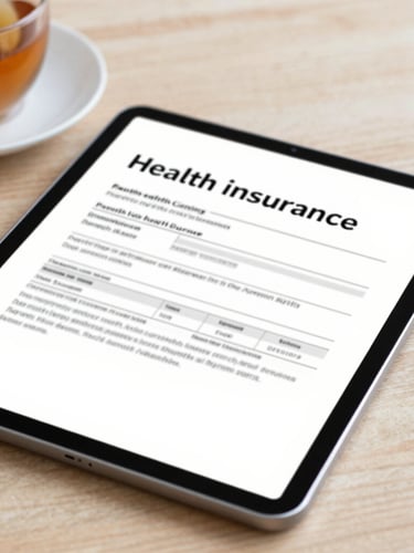 Close-up of a modern digital tablet displaying clean health insurance policy documents, set on a bright wooden table with a warm cup of tea nearby, high-key natural light.