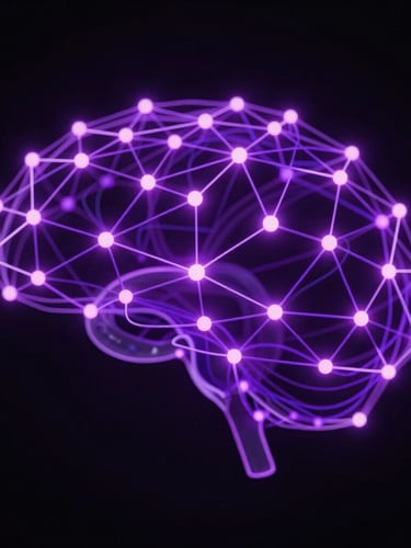 Dynamic 3D neural network, glowing neon purple nodes, intricate connections forming and dissolving, deep obsidian background, high-contrast cinematic lighting, showing cognitive flow, macro detail, abstract, portrait orientation