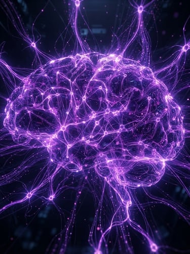 Dark futuristic 3D render of a dynamic, evolving neural network forming a brain-like structure, glowing neon purple nodes, deep obsidian background, high-contrast cinematic lighting, macro detail, wide shot