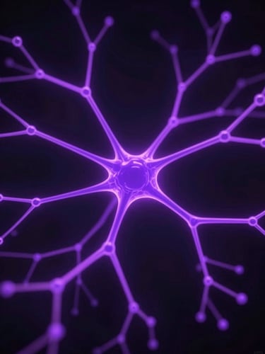 Dark futuristic 3D render of a complex data visualization, glowing neon purple nodes tracing thought pathways, deep obsidian background, high-contrast cinematic lighting, macro detail.