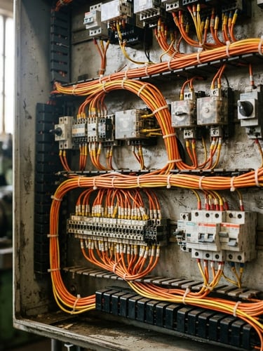 Close-up of a rugged industrial control panel with clean, organized orange and yellow wiring, high contrast, documentary engineering photography, bright natural light.