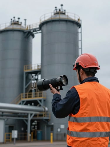 Industrial photography, cool overcast daylight, slate grey and safety orange tones, sharp focus, 35mm lens, technical cleaning technician wearing high-visibility orange vest and helmet standing in front of a heavy industrial facility in Dunkerque.