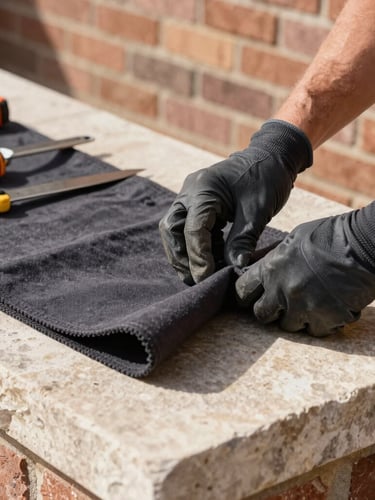 Tight macro shot of a technician's hands in heavy gloves neatly laying dark canvas drop cloths over a light stone hearth, clean organized tools aligned on the side, sharp natural light