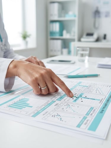 Close-up of clinical hand pointing to functional lab analysis charts on a clean white desk, bright daylight, tiffany blue accents, sharp focus