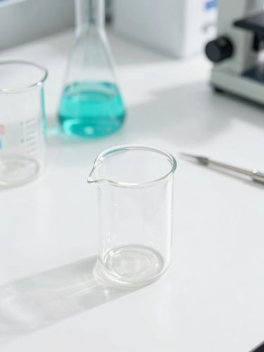 Clean laboratory glassware arranged scientifically on a white backdrop, precise diagnostic tools, bright clinical daylight, crisp shadows, tiffany blue accents, editorial medical aesthetic