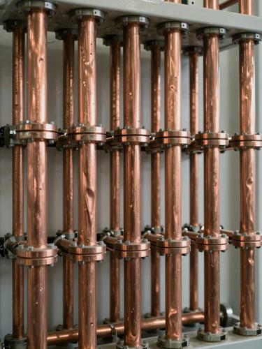 Straight-on technical shot of clean, organized copper pipe manifolds in a commercial utility room, bright natural lighting, no people.