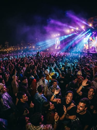 Dynamic wide-angle shot of a massive outdoor festival crowd in Montevideo at night, dramatic purple and blue stage lighting beaming over the audience, cinematic atmosphere, high contrast, 35mm