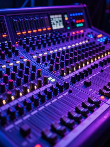 High-contrast close-up of a professional sound mixing console at a live concert, stage lights reflecting violet and blue on the dials, technical production setup, sharp details
