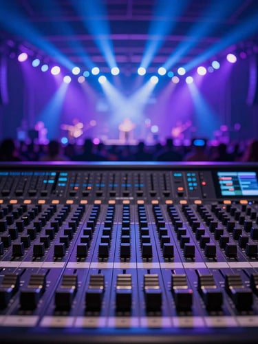 Close-up of professional sound mixing console in the foreground, blurred high-energy concert stage in the background with vibrant blue and violet lighting, cinematic atmosphere