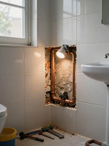 Wide environmental shot of a residential bathroom with the wall partially opened, exposing corroded copper pipe behind the tile, a single work light clamped to a stud casting warm practical illumination across the exposed cavity, tools resting on the floor below, natural daylight from a frosted window blending with the job-site light