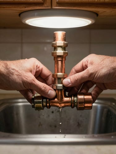 Extreme close-up of a pair of hands inspecting corroded copper pipe fittings under a residential kitchen sink, water stain visible on cabinet wood behind, practical overhead fixture casting honest light, no staging, documentary framing